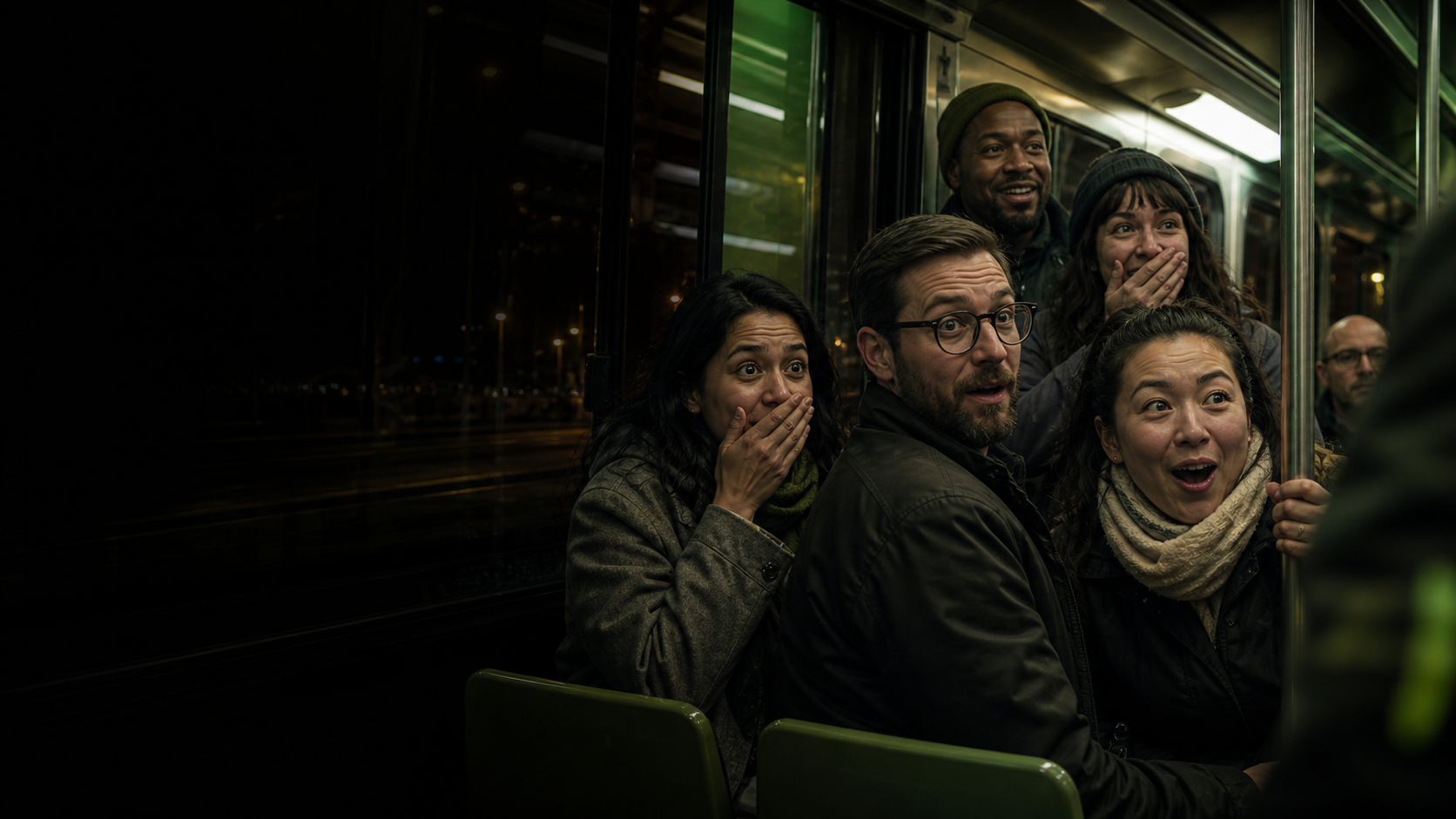 Commuters on public transit reacting with surprised laughter